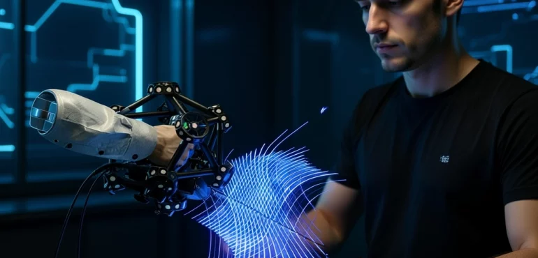 Engineer using 3D scanner in a high-tech lab
