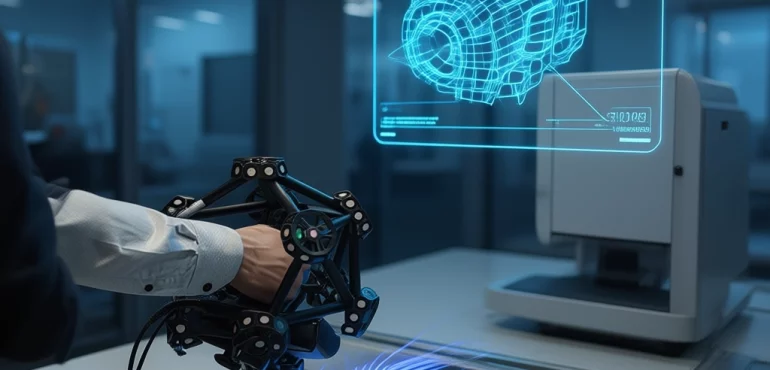 Engineer utilizing handheld scanner for 3D scanning