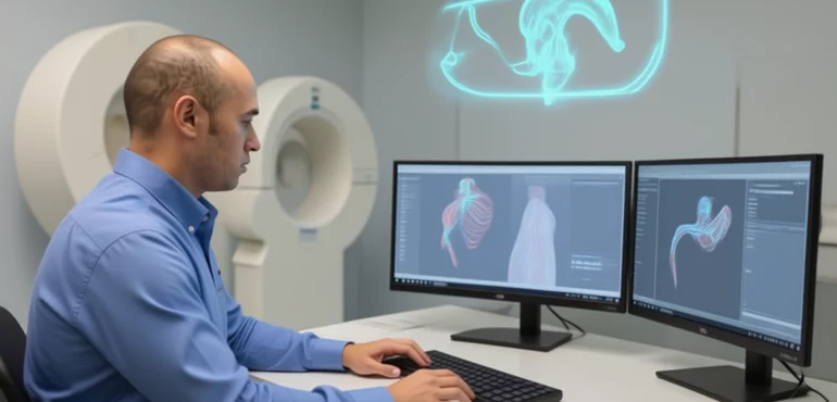 Kliniker analysiert 3D-Scans in einem modernen Gesundheitslabor
